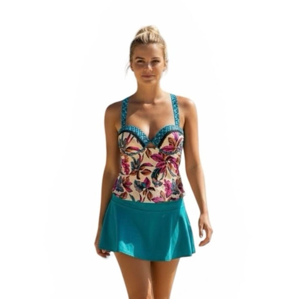 Shade & Shore 34C Teal Pink Aztec Print Underwire Tankini Swim Top